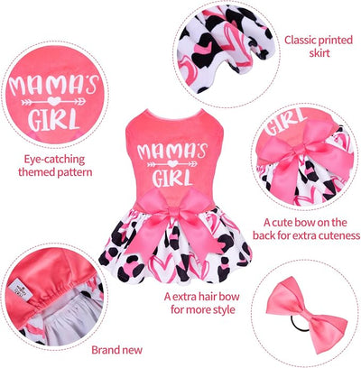 CuteBone Dog Dresses Velvet Mama's Girl Small Dogs Clothes Onesie Pet Apparel Girl Puppy Skirt with Bow Hair Rope