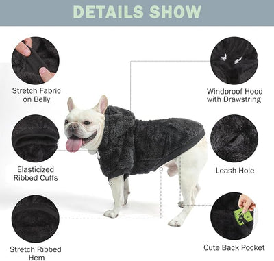 SCENEREAL Fleece Dog Sweaters Hoodie for Small Medium Large Dogs Girls Boys, Plush Fuzzy Dog Clothes Hoodies with Leash Hole, Winter/Fall Puppy Cold Weather Coat, Sherpa Hooded Sweatshirt, Black SM