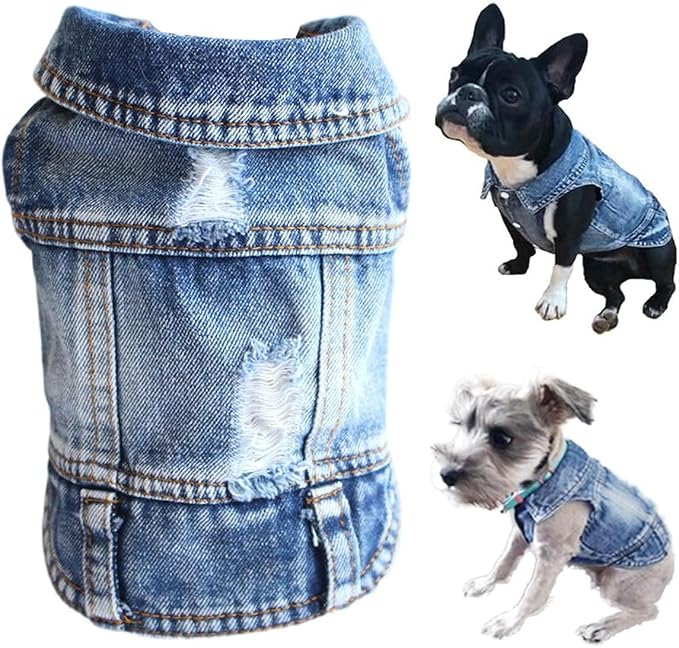 Jean Jacket, Puppy Blue Denim Lapel Vest Coat Costume, Dog T-Shirt Clothes, Cool and Funny Apparel Outfits, Machine Washable Dog Outfits for Small Medium Dogs Cats (M)