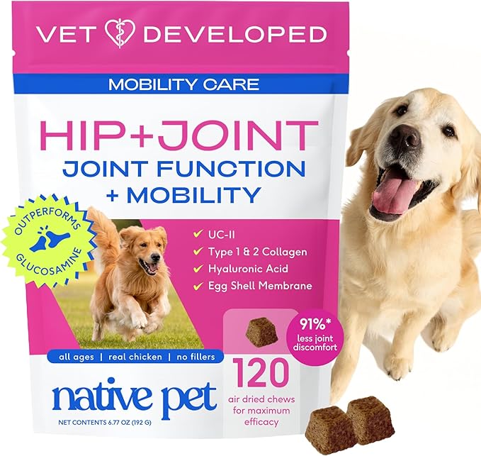 Mobility Care - Hip & Joint Supplement for Dogs - UC-II Collagen, Egg Shell Membrane & Hyaluronic Acid - Dog Joint Supplement Chews Supports Cartilage, Mobility & Flexibility - 120 Chews