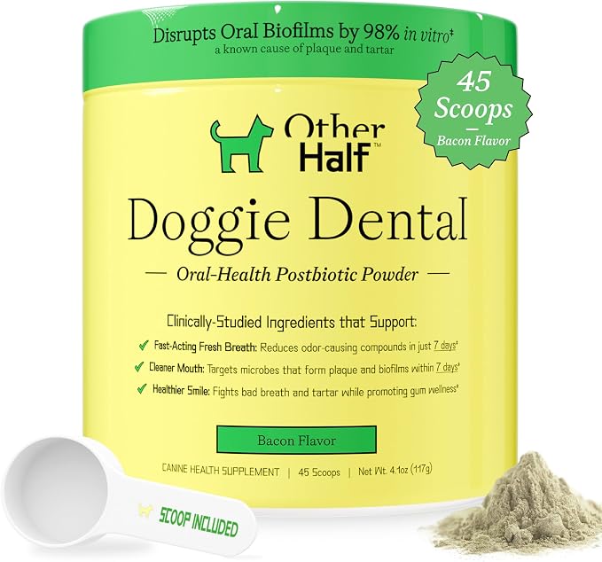 Doggie Dental Supplement Powder - Dog Breath Freshener & Teeth Cleaning Made Easy - Oral Health Postbiotic for Dogs - Targets Tartar, Plaque & Bad Breath | 45 Scoops, Bacon Flavor