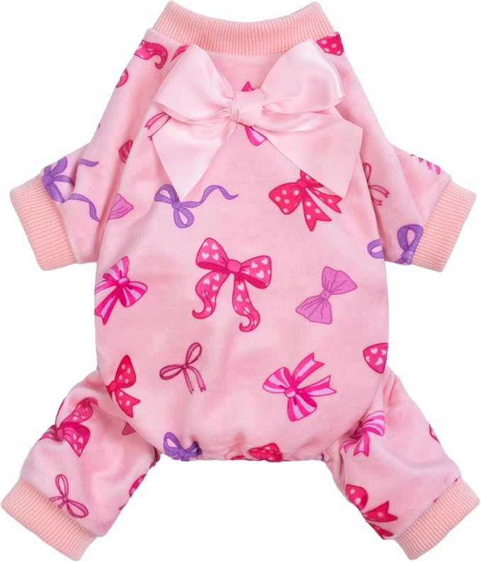 Bowknot Dog Flecce Pajamas, Cozy Valentines Day Outfit for Small Dogs Girl, Cute Pet Clothes, Pink, Red, Purple, Medium