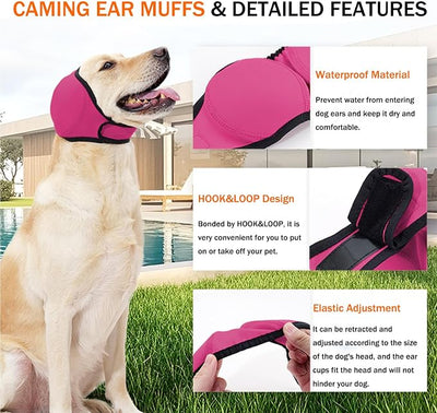BAMY Swimming Waterproof Dog Ear Caps, Calming Large Dog Ears Cover, Pet Shower Muffs for Ear Protection for Bath for Grooming (Pink, L (Size L: Head Circumference 18"-24"))