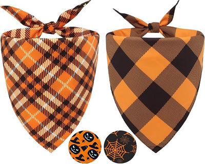 Fall Dog Bandanas 2PCS Halloween Pumpkin Spider Web Small Dog Cat | 2PCS reversible dog bandanas for fall & Halloween & Thanksgiving.Orange plaid/pumpkin/Spider Web design.Fits small dog cat