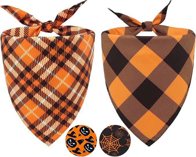 Fall Dog Bandanas 2PCS Halloween Pumpkin Spider Web XLarge Dogs | 2PCS reversible dog bandanas for fall & Halloween & Thanksgiving.Orange plaid/pumpkin/Spider Web design.Fits extra large dog