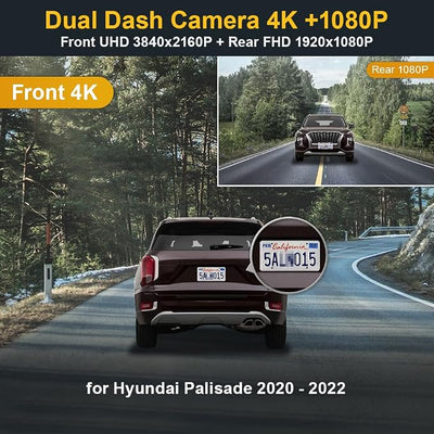 Fitcamx Front 4K+Rear 1080P Dash Cam Adapts for Hyundai Palisade 2020 2021 2022 Limited SE SEL Calligraphy (Part No#S8000), OEM Look, Dual Loop Recording, WiFi & APP, G-Sensor, Easy to Use, 128GB Card