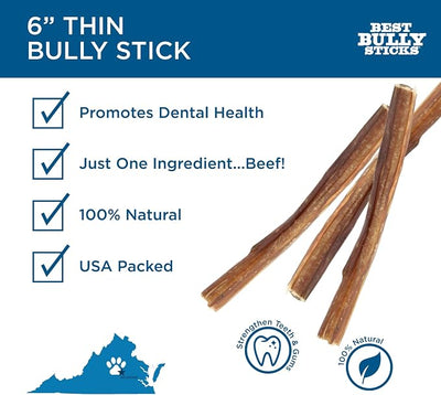 Best Bully Sticks 6 Inch Thin Bully Sticks - 24 Count (Pack of 1) - Natural, Easily Digestible, 100% Grass-Fed, Grain and Rawhide-Free Dog Treats
