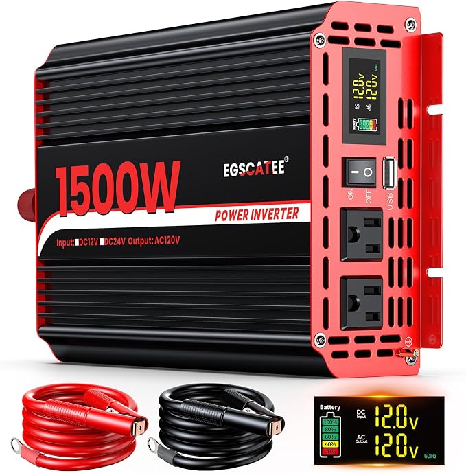 1500W Power Inverter 12V DC to 110V/120V AC Converter, Peak Power 3000W Car Inverter with LCD Display, 2 AC Outlets, 3.1A USB Port for Vehicles, Camping, Travel, Emergency Use