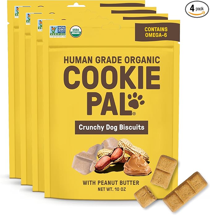 CookiePal Dog Treats, Crunchy Peanut Butter Puppy Training Treats, Human Grade USDA Organic, Natural Dog Biscuits, 10oz (Pk of 4)