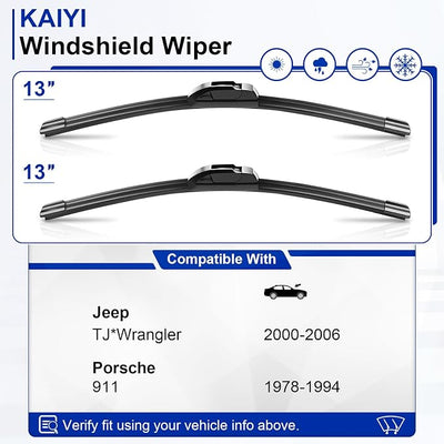 KAIYI 13" + 13" Windshield Wipers Compatible with Jeep Wrangler TJ 1997-2006,Porsche 911 1978-1994 Premium Automotive Replacement Windshield Wiper Blades 2 Pack