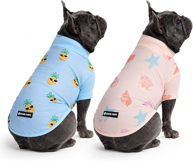 Spark Paws Sunblock Dog T-Shirt, SPF30 Protection, Lightweight Breathable Quick Dry for Dogs with Sensitive Skin - Pineapple & Seashells (Set of 2) - Size L