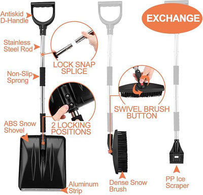 3-in-1 Portable Snow Shovel Kit with Ice Scraper and Snow Brush, Emergency Collapsible Design Snow Remover Set for Garden, Camping, Car, Trucks and Other Outdoor Activities