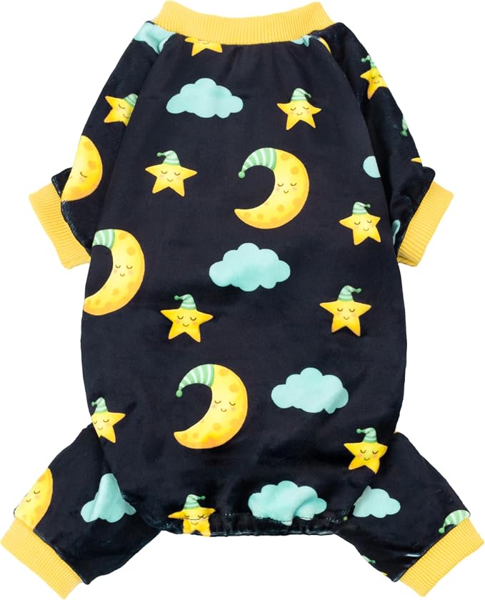 Fitwarm Moon and Stars Dog Fleece Pajamas, Cozy Winter Clothes for Small Dogs Boy Girl, Funny Pet Outfit, Black, Yellow, Medium