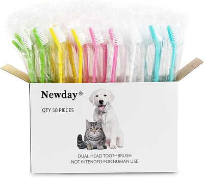 Newday 50 Pack Dual Ended Long Dog & Cat Toothbrush, Pet Safe Super Soft Bristles for Pet Dog Puppy Kitten Dental & Oral Care Teeth & Gums, Pet toothbrushes in Box, Bulk Individual polybag (Colorful)