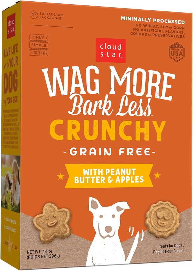 Wag More Bark Less - Dog Treats - Crunchy Biscuits - Grain Free Peanut Butter & Apples - 14 oz Box