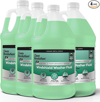 Clean Revolution EV Windshield Washer Fluid, 128oz 4-Pack, 100% Methanol-Free, Winter Ready up to -15°F, Compatible with Electric Vehicles and Performance Cars (4-Pack)