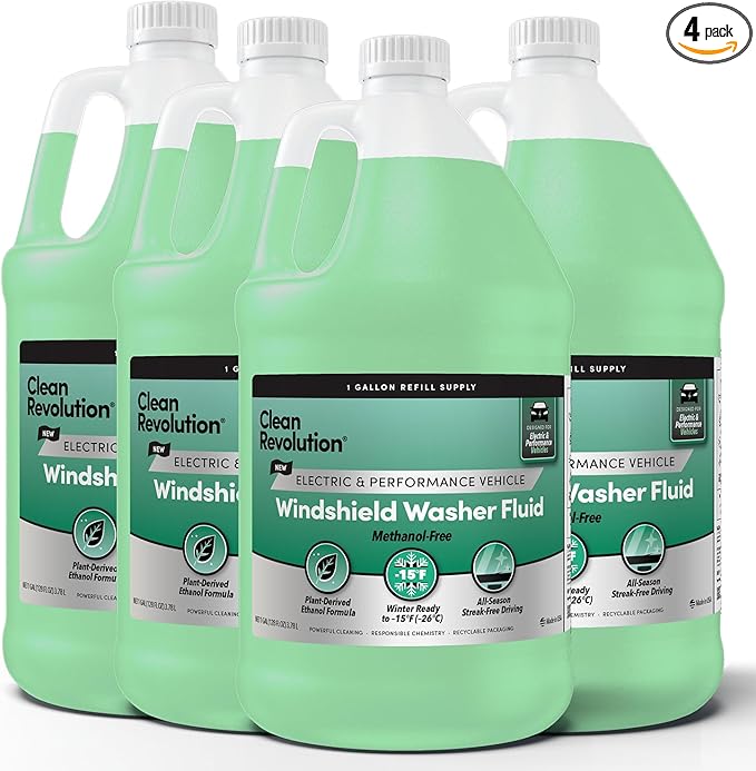 Clean Revolution EV Windshield Washer Fluid, 128oz 4-Pack, 100% Methanol-Free, Winter Ready up to -15°F, Compatible with Electric Vehicles and Performance Cars (4-Pack)