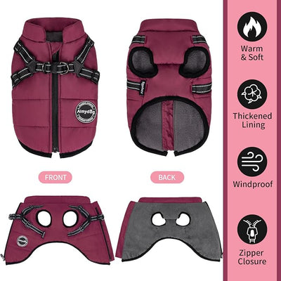 Warm Dog Winter Coat, Fashion Pet Cold Weather Jacket with Built-in Harness, Reflective & Adjustable Comfortable Pet Vest, Windproof Apparel for Small Medium Large Dogs (Purple)