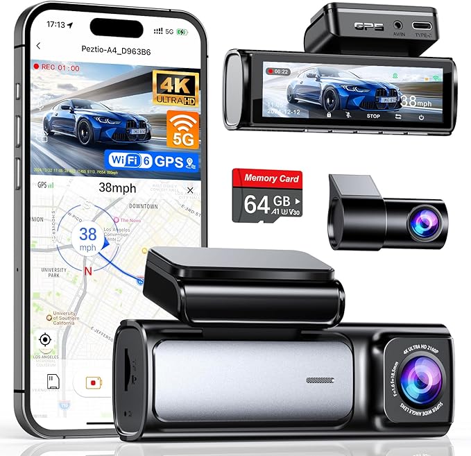 4K+2.5K Dash Cam Front and Rear, Built-in 5G WiFi 6 GPS, 64GB Card Included, 3.59'' IPS Screen Dash Camera for Cars, Dual Dashcam with G-Sensor, Loop Recording, 24H Parking Monitor