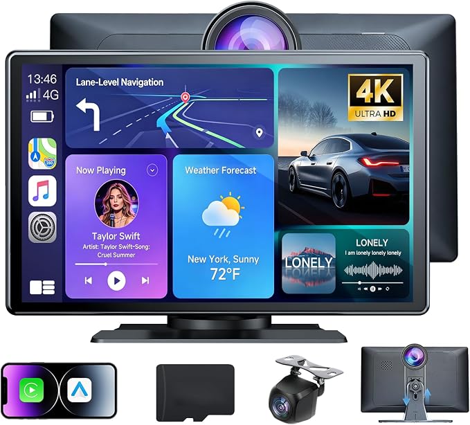 Wireless Apple CarPlay Screen for Car, 9" Portable Carplay & Android Auto Touchscreen Stereo with 4K Dash Cam 64GB SD, Car Radio with App Control, Bluetooth 1080P Backup Camera, GPS, Voice Control, FM