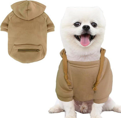 Jecikelon Dog Hoodies for Small Dogs with Zipper Pocket, Soft Fleece Puppy Clothes with Rope Hat, Warm Winter Outfits Cold Weather Coats, Cute Sweatshirt Chihuahua Costume (Khaki, X-Large)