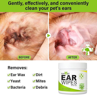 Dog Ear Wipes - Cat Dog Ear Cleaner, Puppy Ear Wipes Wash Cleaner for Dogs Cats - 100 Wipes for Dog Cat Ear Cleaning, Remove Ear Wax Dirt Debris for Dogs Cats Ear Infection Treatment Wipes