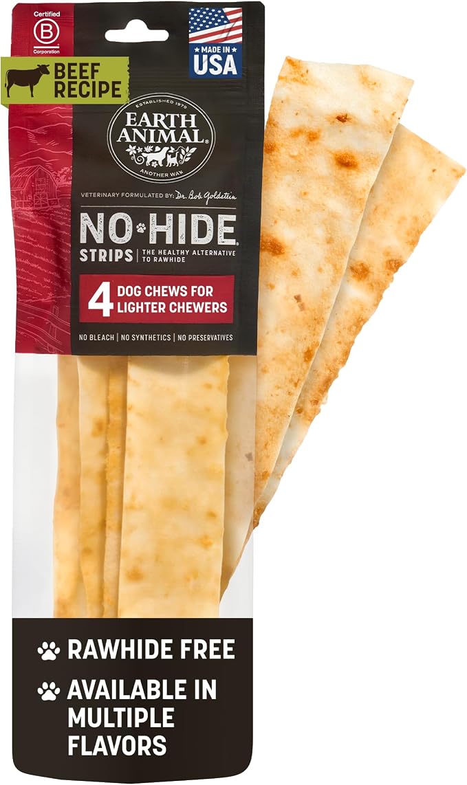 No Hide Strips - Natural Rawhide Free Dog Chew Strips, Beef - 4 Count