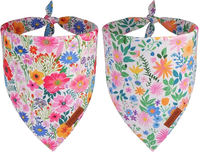 PTDECOR Spring Floral Dog Bandana, Flower Leaves Dog Scarf, Premium Durable Fabric, Adjustable Flower Bandanas for Medium Large Dogs Pets (Large)