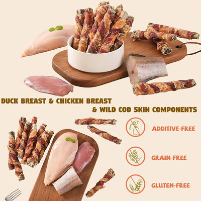 Dog Treats, Chicken Duck Wrapped Cod Skin Sticks for Dogs, Healthy Fish Dog Snacks Rich in Omega 3, Rawhide-Free Long Lasting Dog Jerky Training Treats for Small Medium Large Breeds,10.58 oz