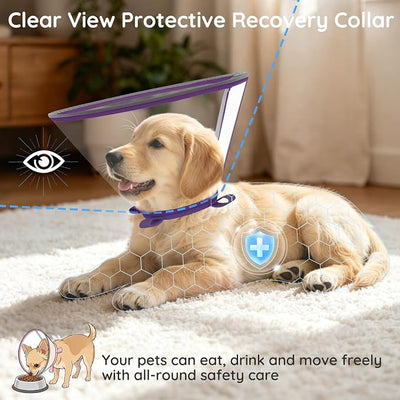 Clear Dog Cone for Medium Dogs After Surgery, Adjustable E-Collar to Stop Licking with Padded Neck for Brittany, Soft Recovery Collar with Reflective Trim for Night Visibility, Purple S/M