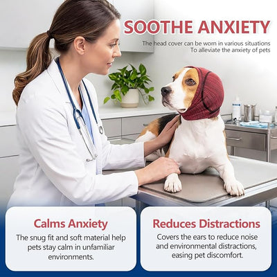 Meifsou Dog Head Wrap - Quiet Ears for Anxiety, Self-Adaptive Fit Dog Calming Hood, No Shake Ear Cover Snoods for Thunder, Fireworks, Grooming, Quick-Dry Fabric and Soundproof Cotton, Heather Red, M