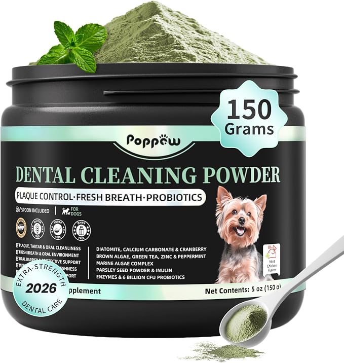 Dog Dental Powder – Teeth Cleaning Powder with 6B CFU Probiotics, Enzymes & Antioxidants, Plaque & Tartar Off, Fresh Breath Support, 75 Days, Mint Chicken Flavor, No Brushing Oral Care