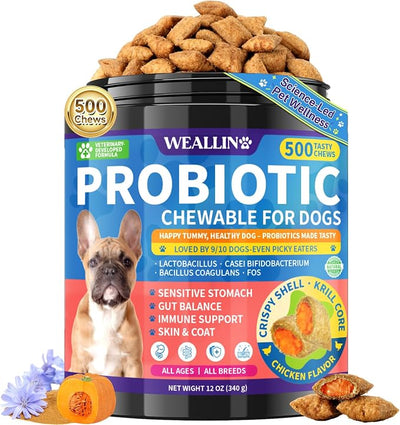 Dog Probiotics Chews 500 Chews, Sensitive Stomach Support Crunchy Shell with Krill Core, Triple Probiotics & Prebiotics, Digestion, Immunity & Skin Care, Chicken Flavor, for All Breeds & Sizes Dogs