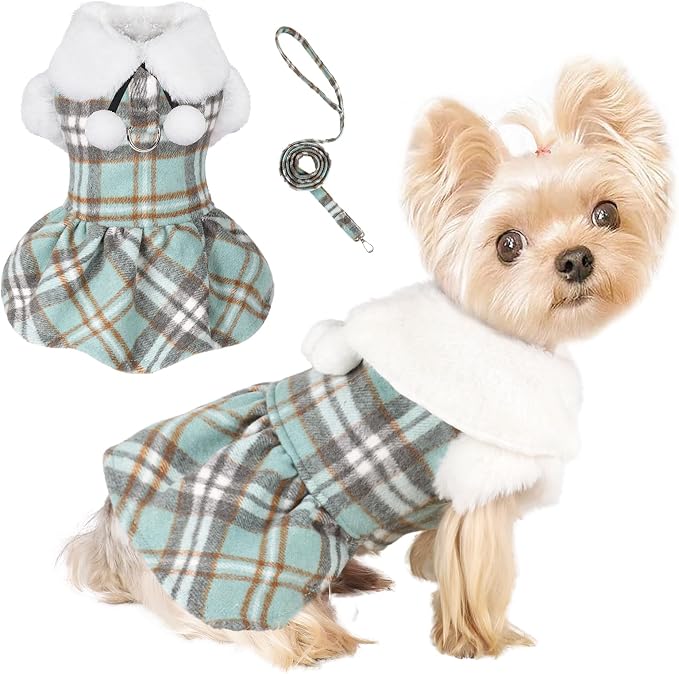 Dog Sweater with Leash Set Plaid Fleece Dog Clothes for Small Dogs Girl Boy Winter Pet Dress Cold Weather Coat Fall Sweater for Chihuahua Yorkie Cat Puppy Costumes (Turquoise, XX-Small)