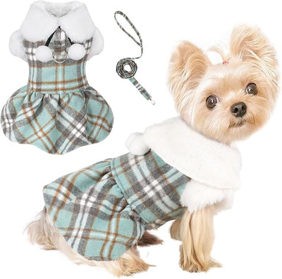 Dog Sweater with Leash Set Plaid Fleece Dog Clothes for Small Dogs Girl Boy Winter Pet Dress Cold Weather Coat Fall Sweater for Chihuahua Yorkie Cat Puppy Costumes (Turquoise, Small)