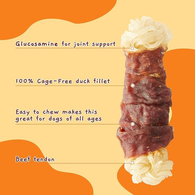 Jungle Calling Long Lasting Dog Chews for Medium Large Dogs, Duck Wrapped Beef Tendon Braid Bones - Rawhide-Free Hip and Joint Support Treats with Glucosamine