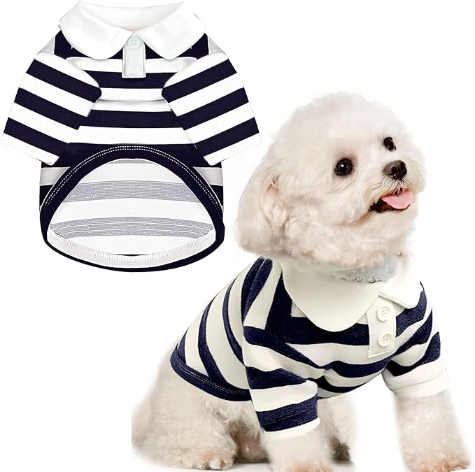 BAEJMJK Cute Dog Shirt Boy Girl Dog Clothes Striped Collared Polo T-Shirt for Small Medium Dogs Cats Soft Breathable Pet Puppy Outfits(Navy Blue,Small)