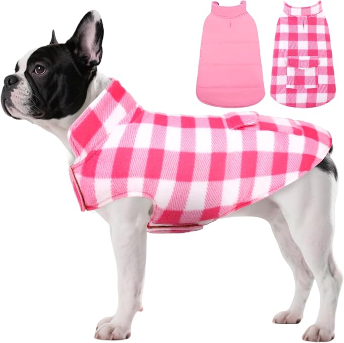 Dog Winter Coat, Fleece Doggie Jacket Plaid Reversible Vest Waterproof Windproof Cold Weather Clothes for Small Medium Large Dogs (S, Pink)