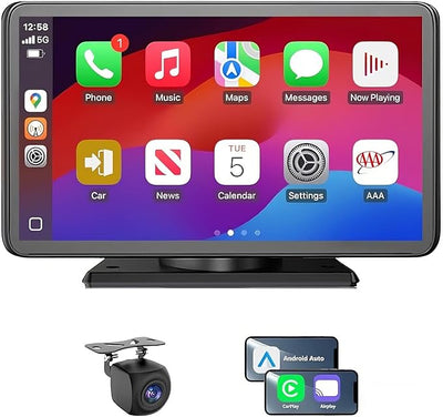 Wireless Apple CarPlay Screen with Fast Auto Connect, 7" Portable Android Auto Display for Car, Backup Camera, Bluetooth Audio, Voice Assistant & GPS Navigation