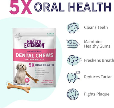Health Extension Probiotic Dental Bones for Dogs, 8 Medium Bones, Cleans Teeth, Healthy Gums, Freshens Breath, Training or Reward, 6 oz Bag (Pack of 4)
