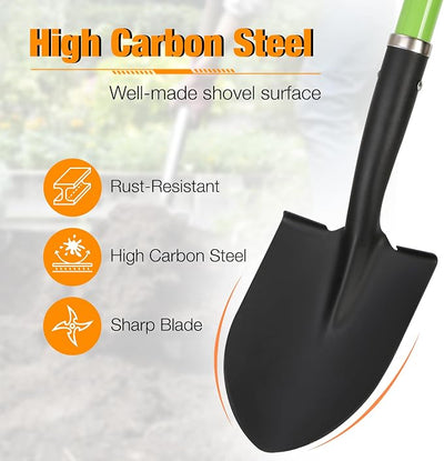 28-Inch Mini Garden Shovel, Kids Small Shovel, Fiberglass Handle with D-Grip & Alloy Steel Head for Car Emergency Kit, Beach, Planting & Light Duty Digging (Green)
