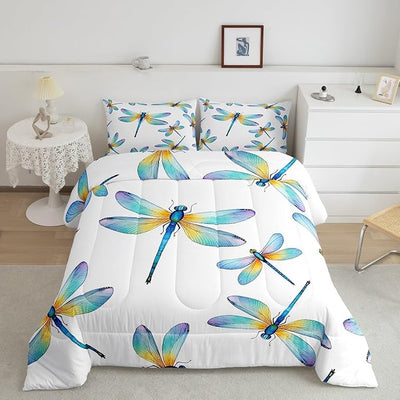 Erosebridal Boho Dragonfly Comforter Set Twin Size, Bohemian Insect Quilted Duvet for Kids Teens Adult Exotic Flying Dragonflies Down Comforter Blue Teal Duvet Insert Lightweight for Children Bedroom