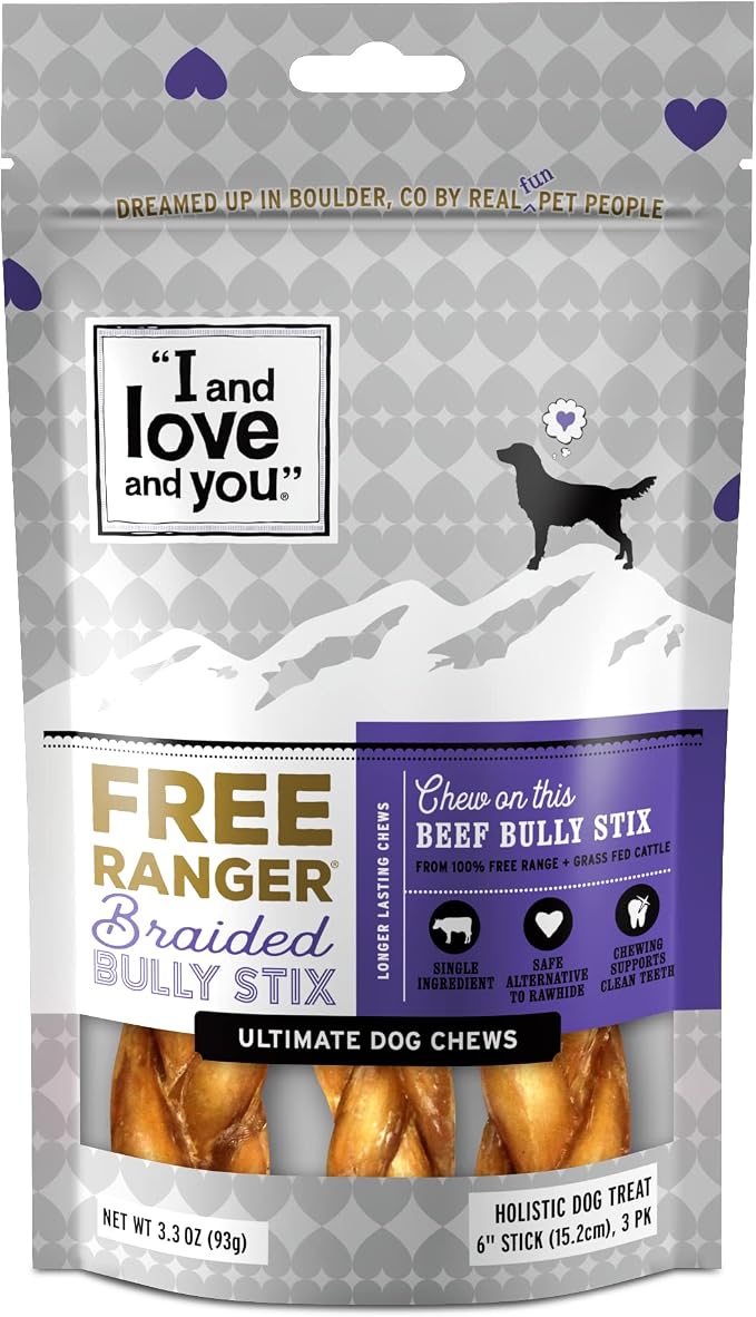 Free Ranger Braided Bully Stix - Beef - Rawhide Alternative, Single Ingredient, Free Range Grass Fed Beef, 6in, 3ct