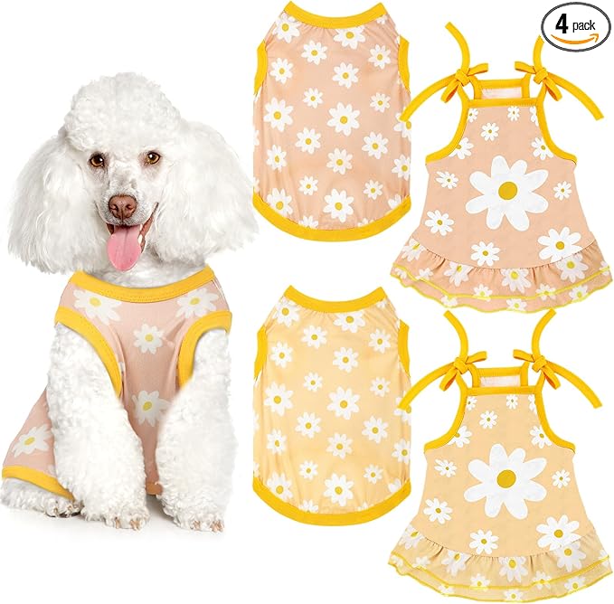 4 Pieces Dog Clothes Set Include 2 Pcs Cute Pet Dress Lovely Dog Dress and 2 Pcs Breathable Pet T Shirt Puppy Clothes(Daisy,Small)