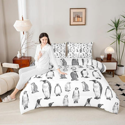 Erosebridal Penguin Comforter Set Queen Size, Antarctic Animal Down Comforter for Kids Boys Girls Children, Winter Theme Duvet Insert Penguin Sketch Quilted Duvet Bed Decorative, Grey White