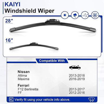 KAIYI 28" + 16" Windshield Wipers Compatible with Nissan Altima 2013-2018,Maxima 2016-2019,Ferrari F12 Berlinetta 2013-2017,FF 2012-2016 Premium Automotive Replacement Windshield Wiper Blades 2 Pack