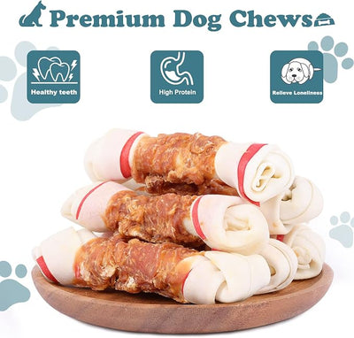 Chicken Wrapped Rawhide Bones Dog Treats, 6.5 Inch Large Knots for Medium and Large Dogs, High Protein 65% Long Lasting Dog Chews, 8 Ounces