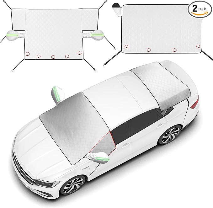 2 Piece Car Windshield Sunshade Set, Front & Rear Window Sun Shade with Magnetic Edges and Side Mirror Covers, Foldable Sun Visor, Blocks UV Rays and Keeps Car Cool(Unobstructed Rearview,Silver)