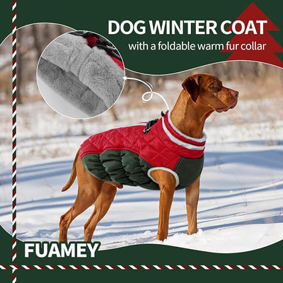 FUAMEY Dog Coat for Large Dogs,Waterproof Dog Winter Jacket with Harness Built in Puppy Cold Weather Coats Reflective Pet Vest with Zipper Warm Fleece Dogs Snowsuit Windproof L