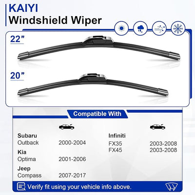 KAIYI 22" + 20" Windshield Wipers Compatible with Subaru Outback 2000-2004,Kia Optima 2001-2006,Jeep Compass 2007-2017,Infiniti FX35/45 2003-2008 Premium Automotive Replacement Windshield Wiper Blades